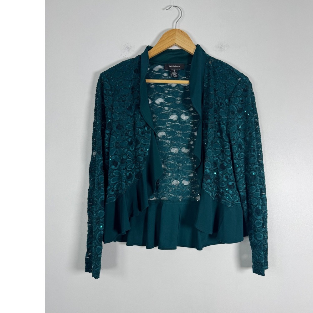 Elegant R&M Richards Women Size 10 Lace Sequin Ruffle‎ Jacket Teal Green Evening